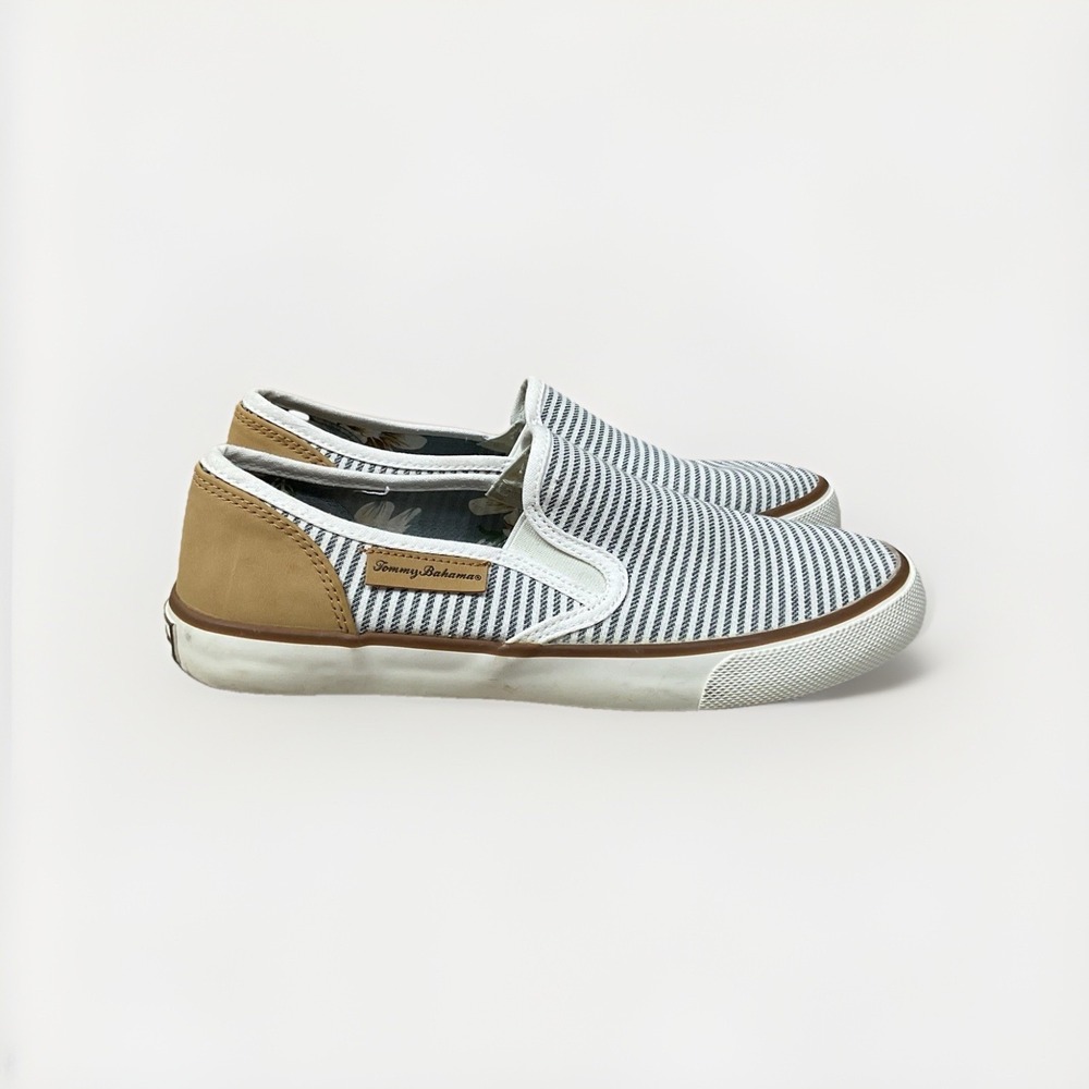 Tommy Bahama Sailor Stripe Coastal Navy & White w/Tan Accents Slip On‎ Shoes 7.5